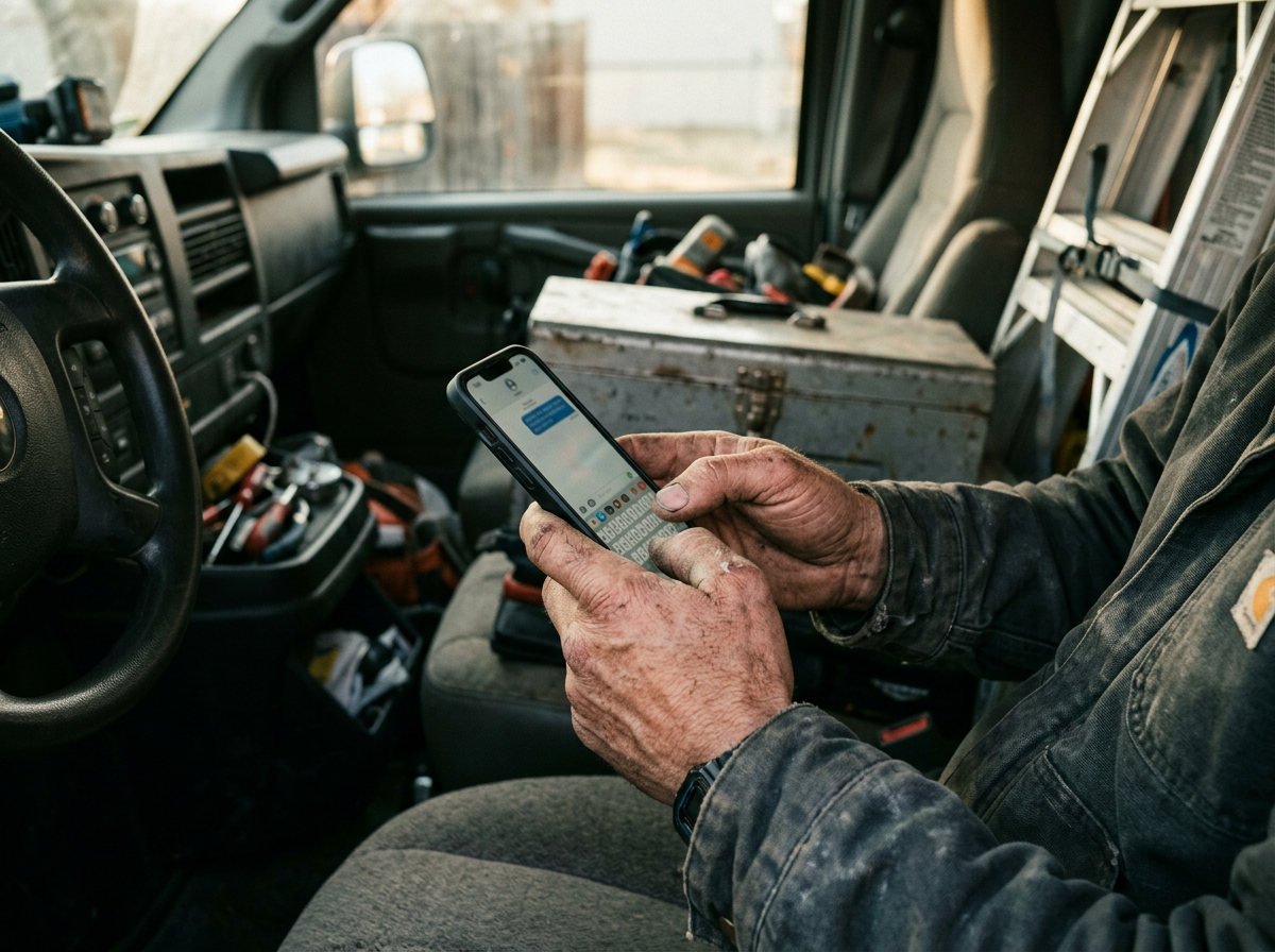 Hands typing a reply on a phone inside a van cab